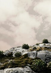 Green Moss and Rocks Against a Cloudy Sky