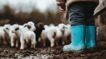 A child clad in blue boots stands observing a herd of lambs behind a wooden fence in a muddy, rustic farm setting on an overcast day, highlighting rural life.