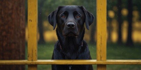 Black Labrador Looking Through a Yellow Window.