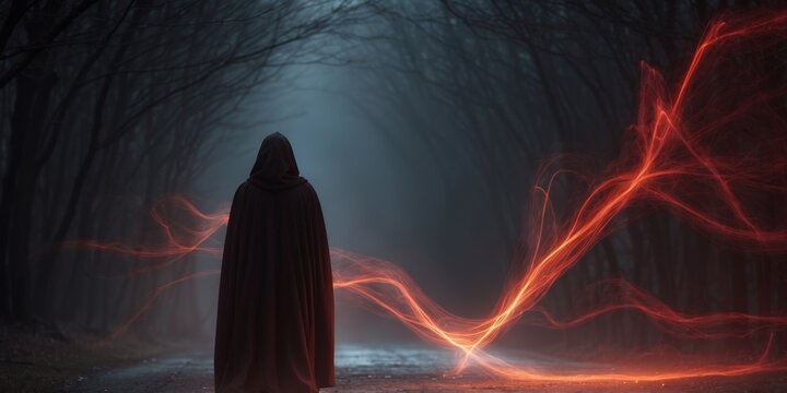 mysterious cloak figure with glowing red energy in dark.
