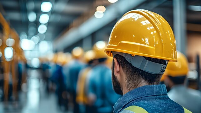 Construction Worker in Hardhat on Factory Floor