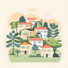 Fototapeta premium Cartoon Style Illustration of Colorful Houses in a Suburban Neighborhood with Green Trees