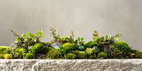 Green Moss and Succulents in Stone Planter
