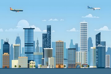 Naklejka premium Modern City Skyline Illustration With Two Planes Flying Over