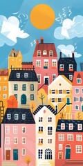 Colorful Illustration of Houses and Sun