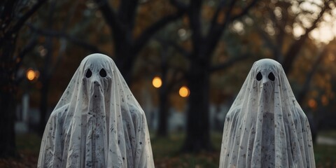 Two cheerful ghost costumes celebrating Halloween outdoors.