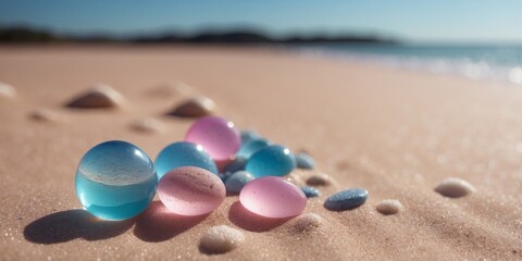 Serene coastal landscape with pink sand blue waters.