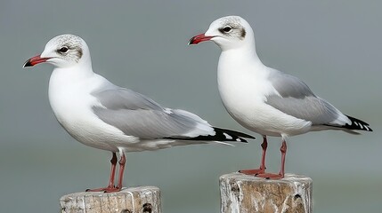 Obraz premium Two seagulls perched on a wooden post in a gray setting