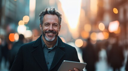 A mature man with a gray beard and coat is smiling while holding a tablet. He stands on a busy city street with blurred lights and people in the background during twilight.