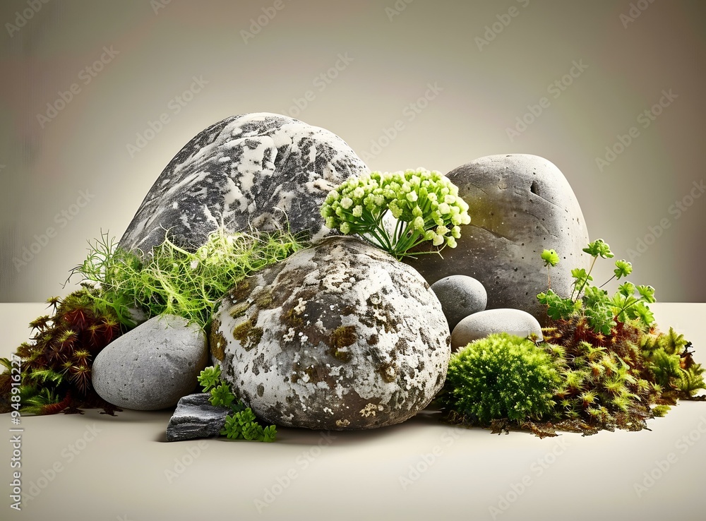 Wall mural close up of rocks and moss with small plants