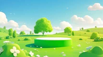 Obraz premium Cylinder Podium on Green Nature Landscape Background, Ideal for Earth Day or World Environment Day Banner Template