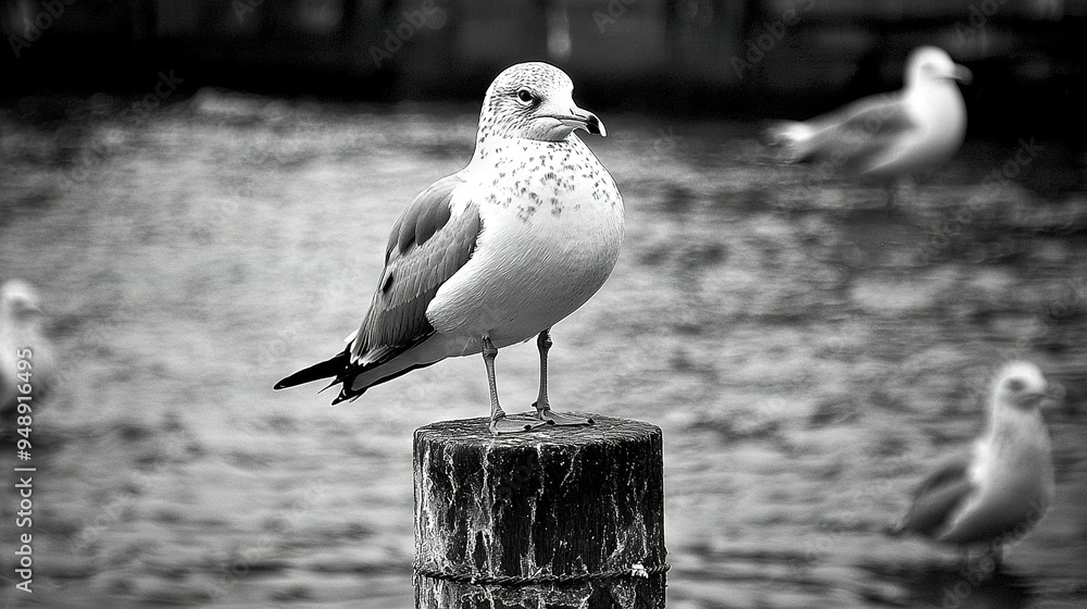 Canvas Prints black and white seagull perched on post in front of water