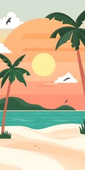 Obraz premium Tropical Beach Sunset Illustration With Palm Trees