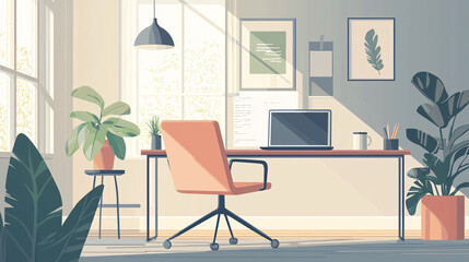 Work in a calm atmosphere in a minimalist office room with a comfy chair, a laptop, and a coffee mug on the work desk, while listening to relaxing lo-fi music 