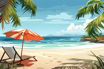 Beach Summer Landscape Illustration with Palm Tree and Beach Chair