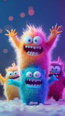 Obraz premium Playful and colorful furry monsters in 3D 