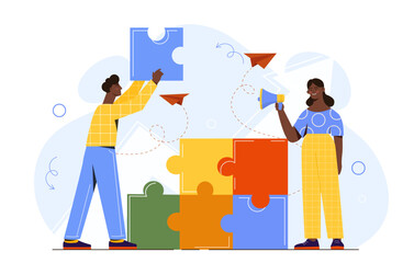 Building puzzle concept. Collaboration, cooperation and partnership. Teamwork, colleagues and employees work at common project. Flat vector illustration isolated on white background