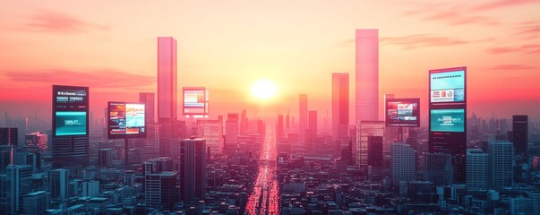 Obraz premium Cityscape with skyscrapers and digital billboards at sunset.