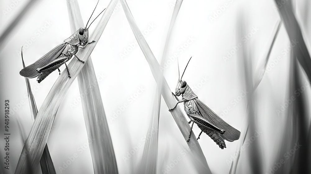 Sticker two grasshoppers on a blade of grass in a field