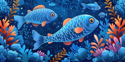 Fototapeta premium Cute blue fish swimming in a colorful coral reef, surrounded by bubbles in an underwater scene.