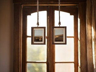 Hanging picture frames depicting a serene landscape near a sunny window in a cozy room during...