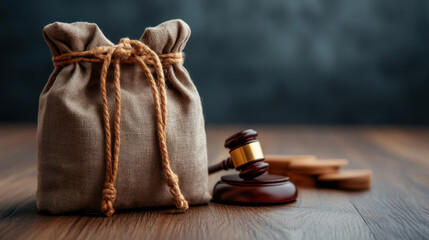 A bag of coins next to a gavel on a wooden table, representing financial decisions, legal matters, or auctions.
