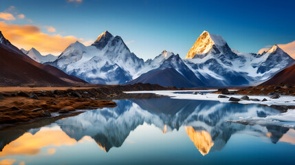 Fototapeta premium Spectacular Scenic View of Snow-Capped Mountain Range, Lush Green Slopes, and a Crystal Clear Lake