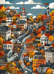 Autumn Cityscape Illustration with Colorful Buildings and Trees