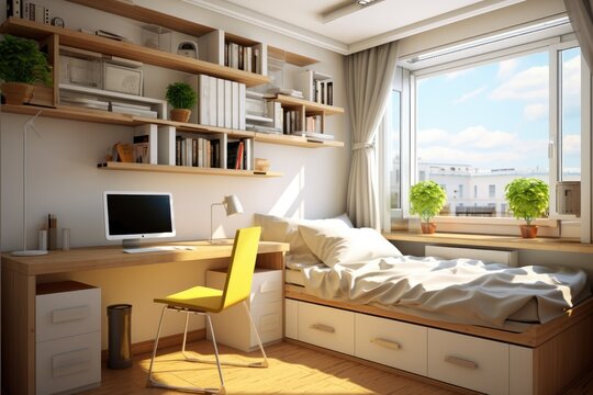 A bedroom showcases a minimalistic design with a cozy bed, a workstation featuring a desk and chair, and abundant natural light streaming in through the window.