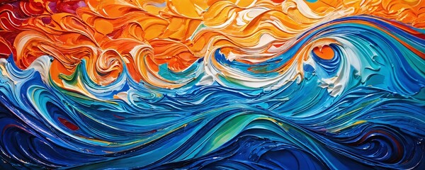 Fototapeta premium Vibrant ocean waves under a fiery sunset captured in a swirling abstract painting with bold colors