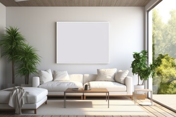A minimal living room features a blank white canvas on the wall, surrounded by a cozy sofa and greenery, providing a serene environment for relaxation and artistic expression.