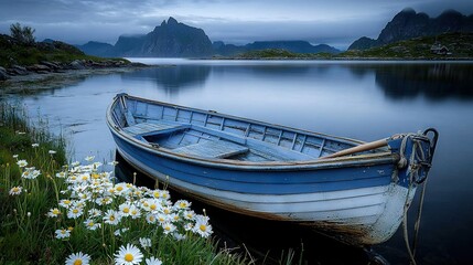 Obraz premium A vivid blue vessel adorns the shimmering water's edge, surrounded by a verdant landscape dotted with pristine white blossoms