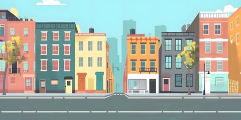 Fototapeta premium Colorful Illustration of a City Street with Buildings and a Road