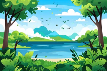 Fototapeta premium Beautiful Nature Scene Illustration with Mountains, Lake, and Trees