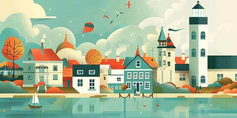 Obraz premium Colorful Illustration of European Cityscape with Lighthouse and Boat