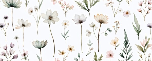 A variety of delicate floral illustrations showcasing different types of flowers in soft pastel colors on a white background
