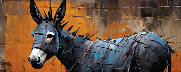Artistic representation of a donkey adorned with vibrant colors and spikes in an abstract setting during the day