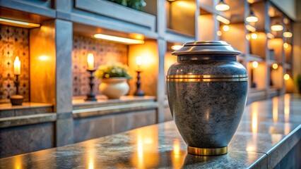 Marble cremation urn with gold accents in a niche of a memorial hall