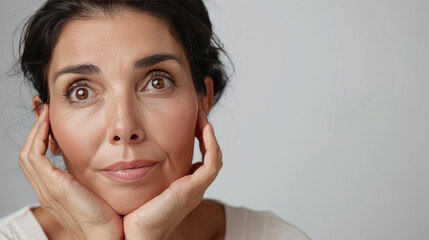 dark hair older middle age woman is stressed and worried standing on the white wall background 