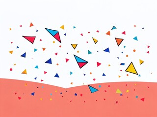 Colorful geometric shapes and patterns create a lively atmosphere in a minimalistic design showcasing triangles and circles