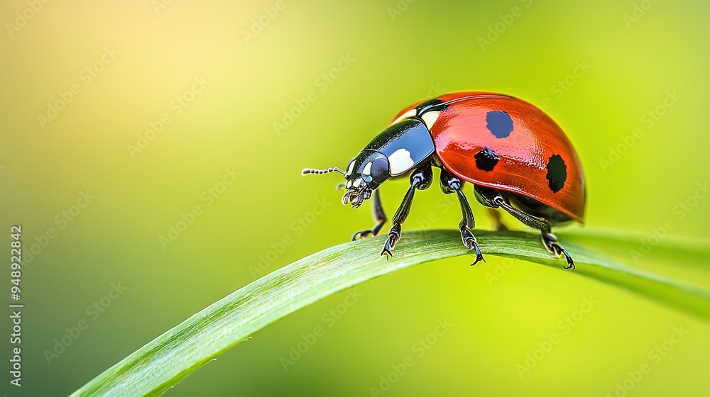 Poster a close-up of a red and black bug on a green blade of grass with a blurry background