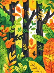 Colorful Illustration of a Forest With Lush Green and Yellow Leaves