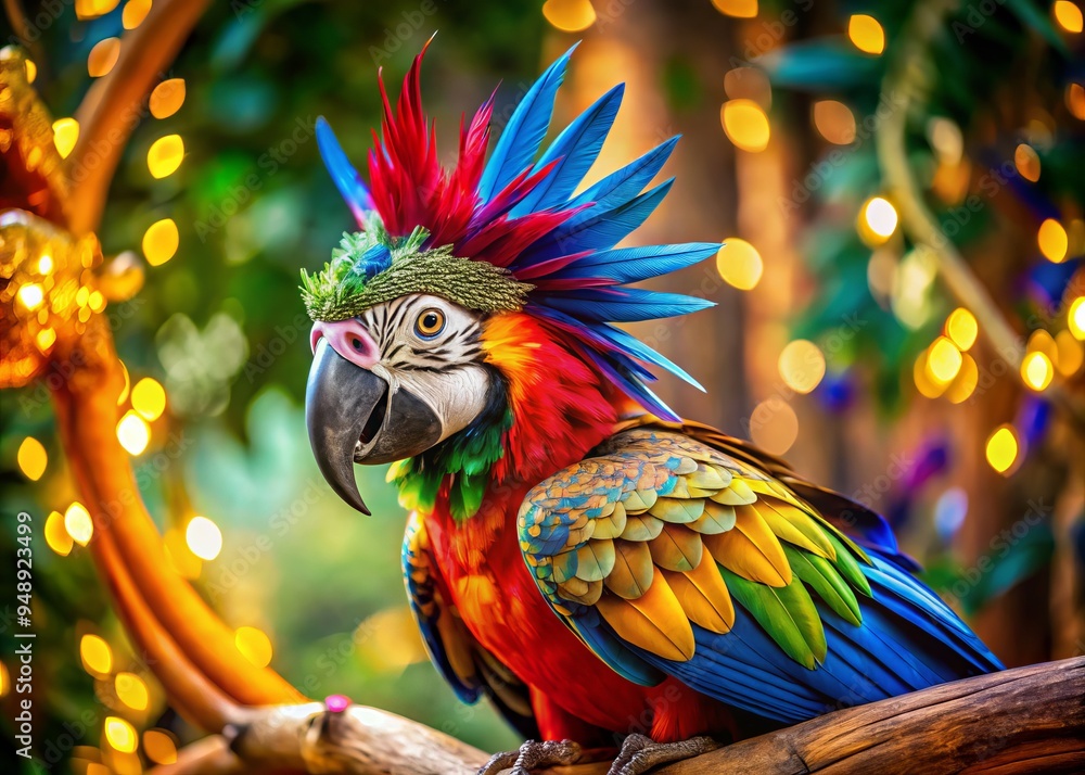 Sticker a colorful macaw perches on a branch, wearing a vibrant decorative mask with feathers and sequins, b