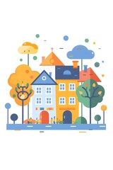 Cartoon Illustration Of Colorful Houses In A Cityscape With Trees And Clouds