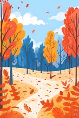 Autumn Forest Path with Colorful Trees and Falling Leaves