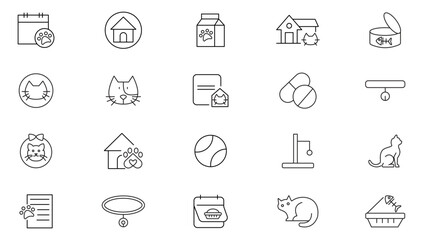 Cat line icon collection. Veterinary, pet, vet, pet shop, dog care, training, food, vaccine, pet care, and dog paw line icon set. UI outline icon pack