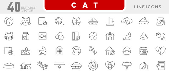 Cat line icon collection. Veterinary, pet, vet, pet shop, dog care, training, food, vaccine, pet care, and dog paw line icon set. UI outline icon pack