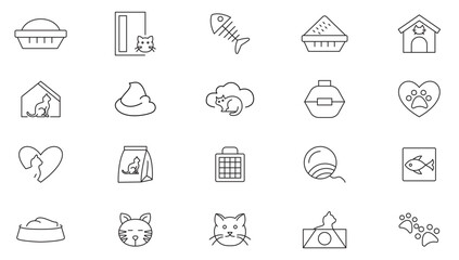 Cat line icon collection. Veterinary, pet, vet, pet shop, dog care, training, food, vaccine, pet care, and dog paw line icon set. UI outline icon pack