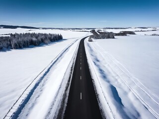 Obraz premium Aerial view of a long, winding road through snowy fields in winter, showcasing the serene beauty of rural landscapes under a clear blue sky
