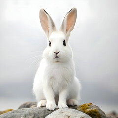 Obraz premium a white rabbit sitting on rocks with white background